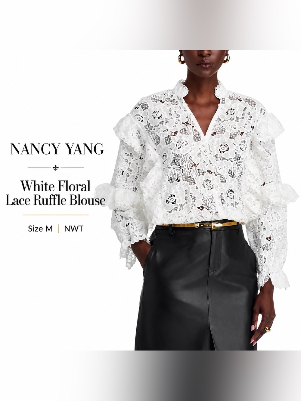 Nancy Yang White Floral Lace Ruffle Blouse NWT Size M
